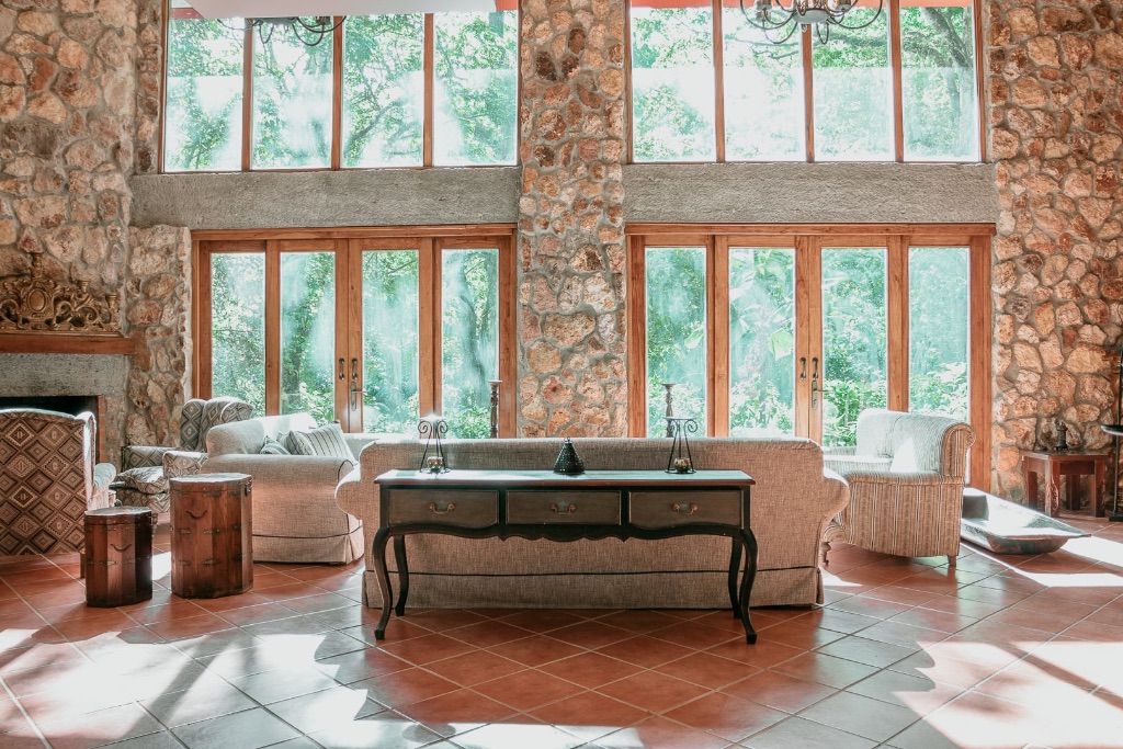 Living room with stone walls