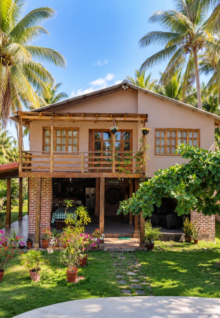 Pacific Coast house front view with palm trees