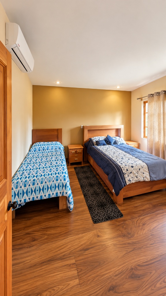 Twin bedroom with blue geometric and floral bedding